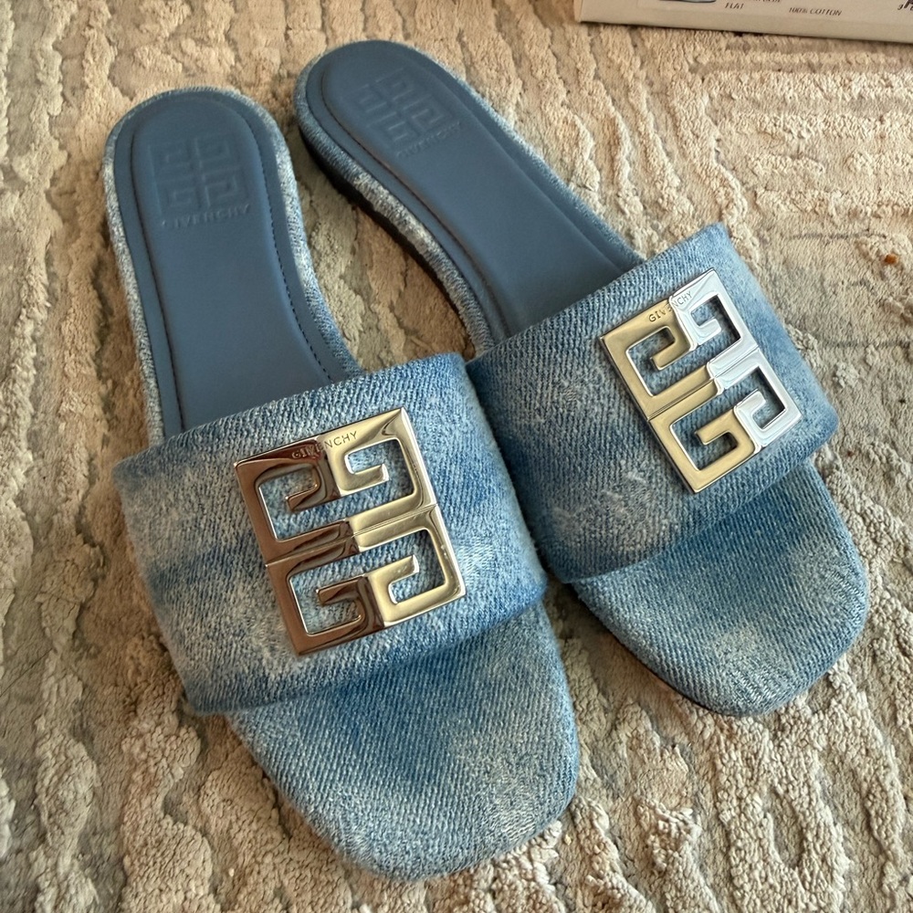 Givenchy Light Blue Denim Slide Mules with Silver Logo Hardware